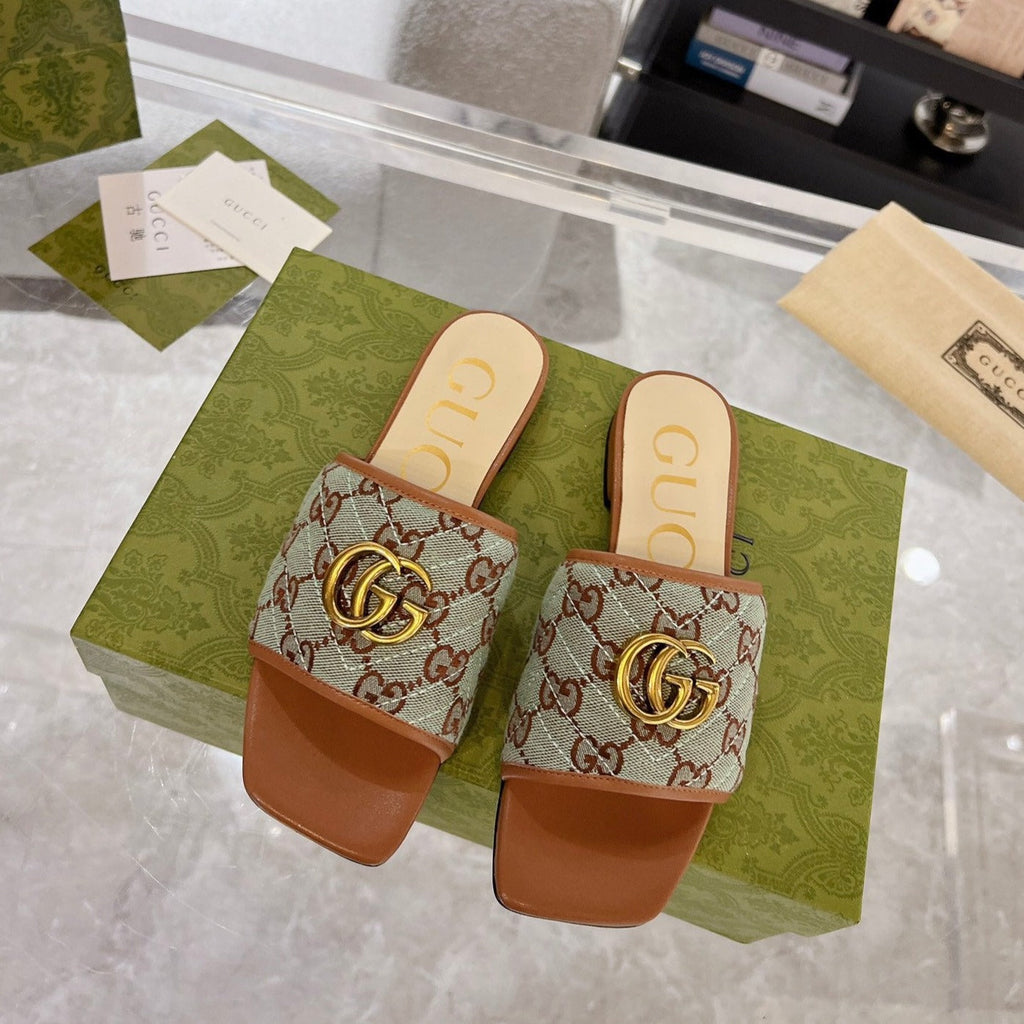 GUCCI EXCLUSIVE SLIDE SANDAL CARAMEL AND GRAY FABRIC