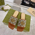 GUCCI EXCLUSIVE SLIDE SANDAL CARAMEL AND GRAY FABRIC