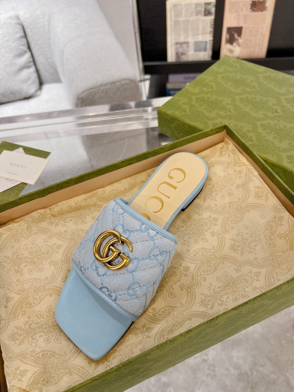 GUCCI EXCLUSIVE SLIDE SANDAL SKY FABRIC
