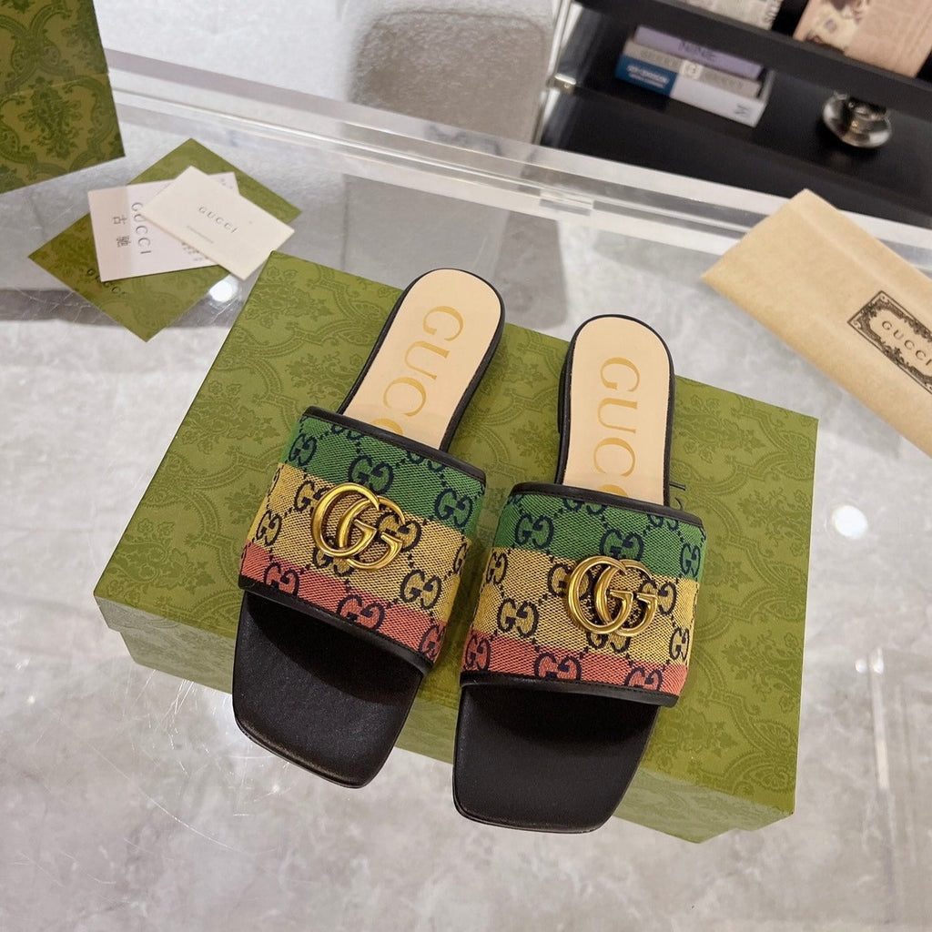 GUCCI EXCLUSIVE SLIDE SANDAL BLACK AND CREAM FABRIC