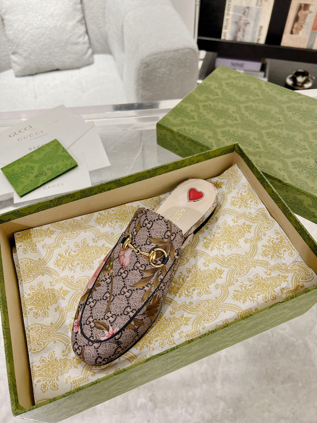 GUCCI HORSEBIT FLOWER SLIPPER MULE IN DARK BEIGE MONOGRAM JACQUARD FABRIC