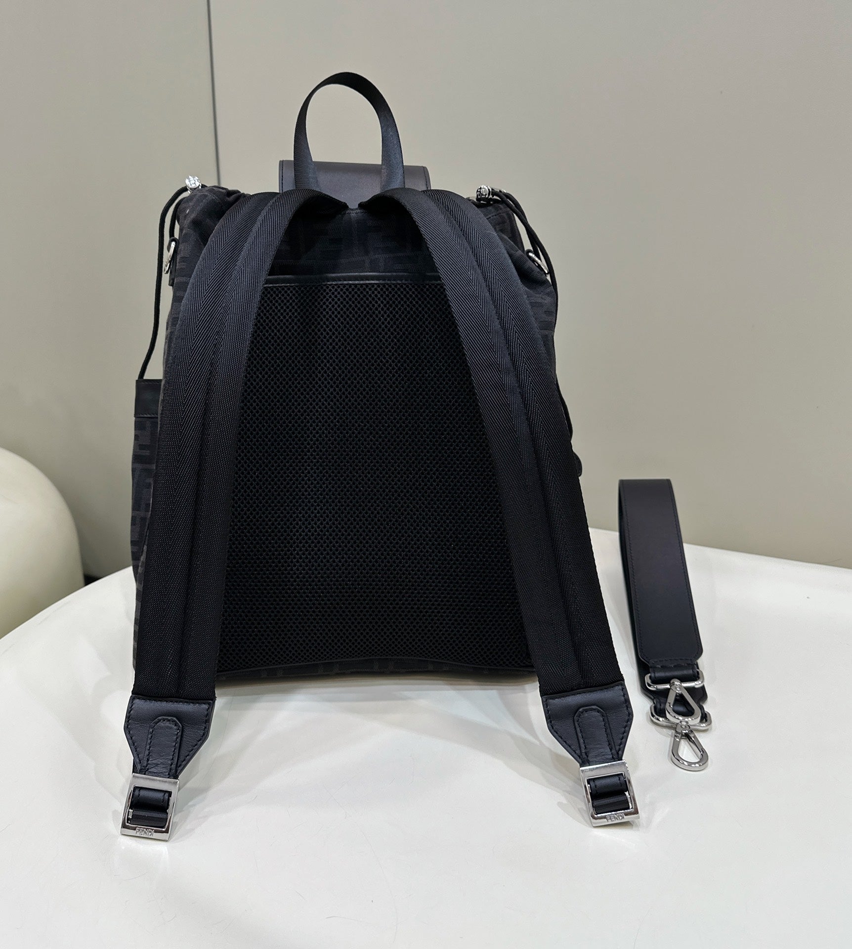 FENDI STRIKE 41 MEDIUM FF BLACK JACQUARD FABRIC BACKPACK