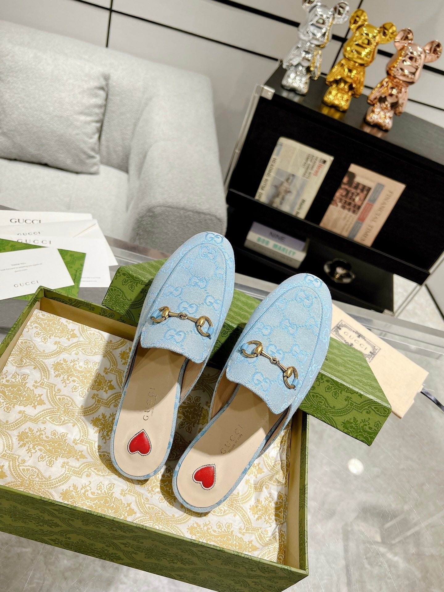 GUCCI MEN'S MULE WITH HORSEBIT IN LIGHT BLUE MONOGRAM JACQUARD FABRIC