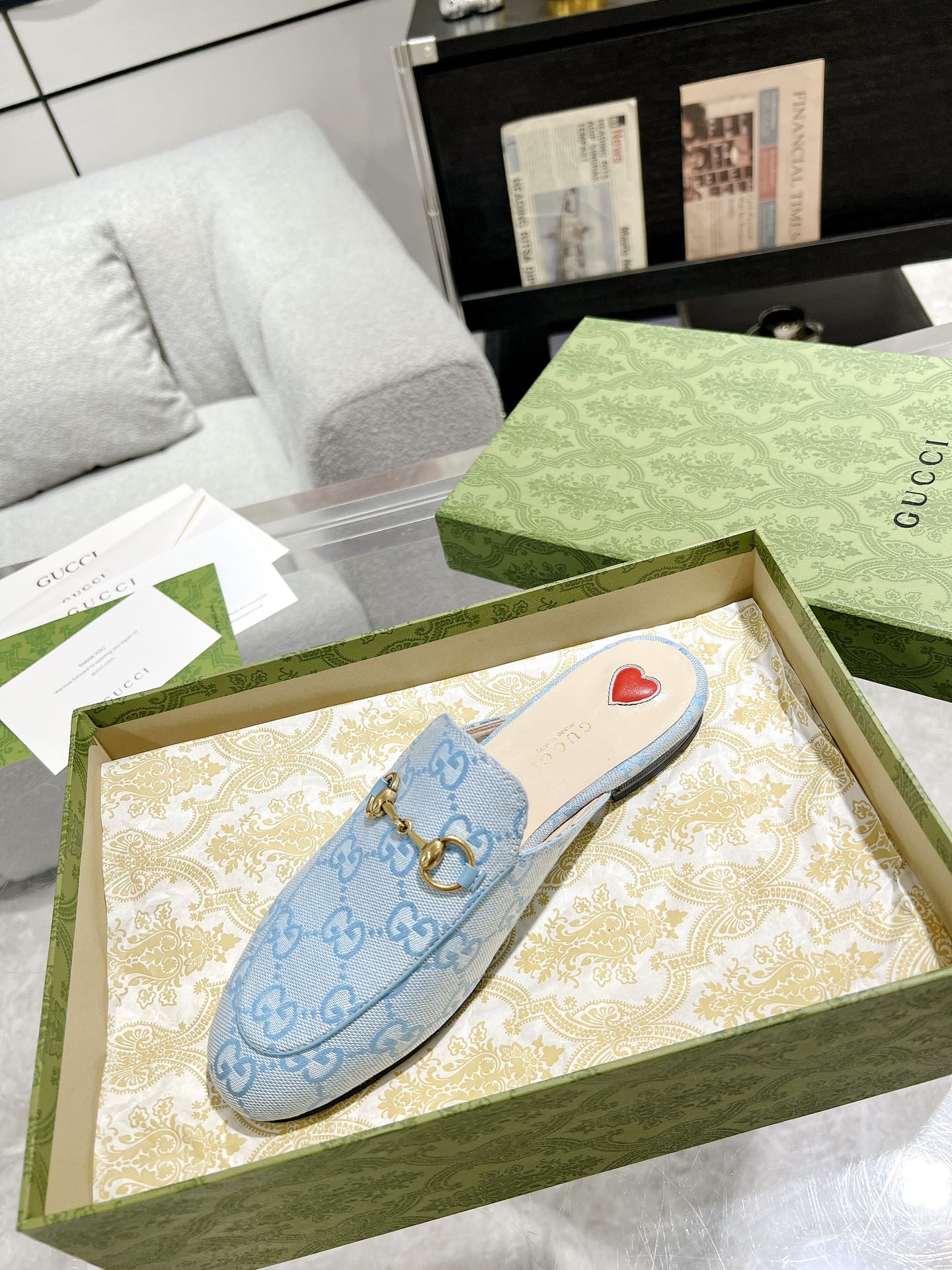 GUCCI MEN'S MULE WITH HORSEBIT IN LIGHT BLUE MONOGRAM JACQUARD FABRIC