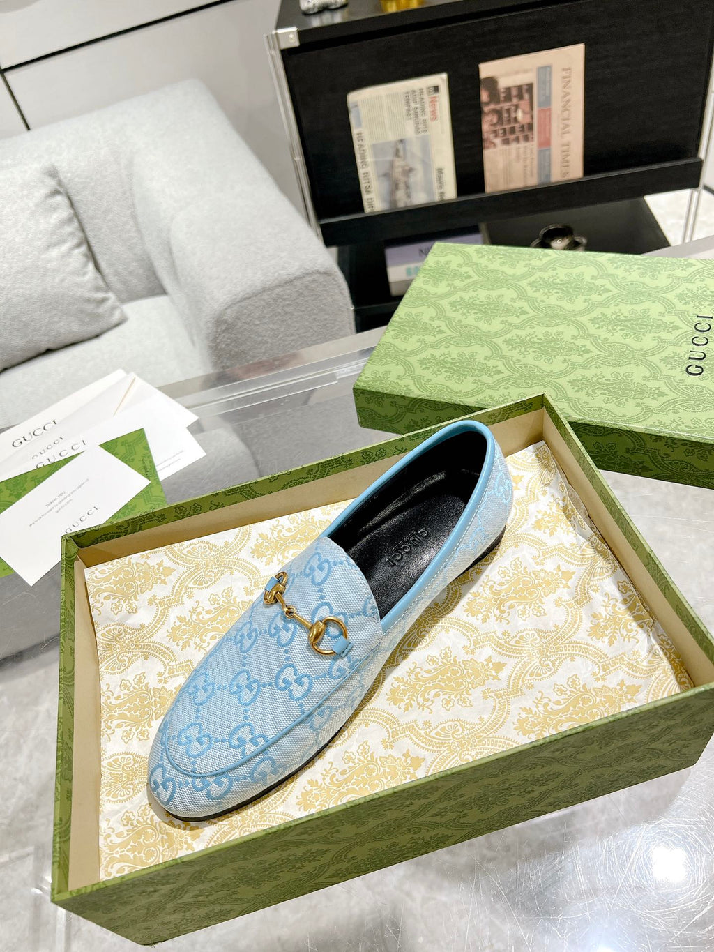 GUCCI MEN'S LOAFER WITH HORSEBIT IN LIGHT BLUE MONOGRAM JACQUARD FABRIC