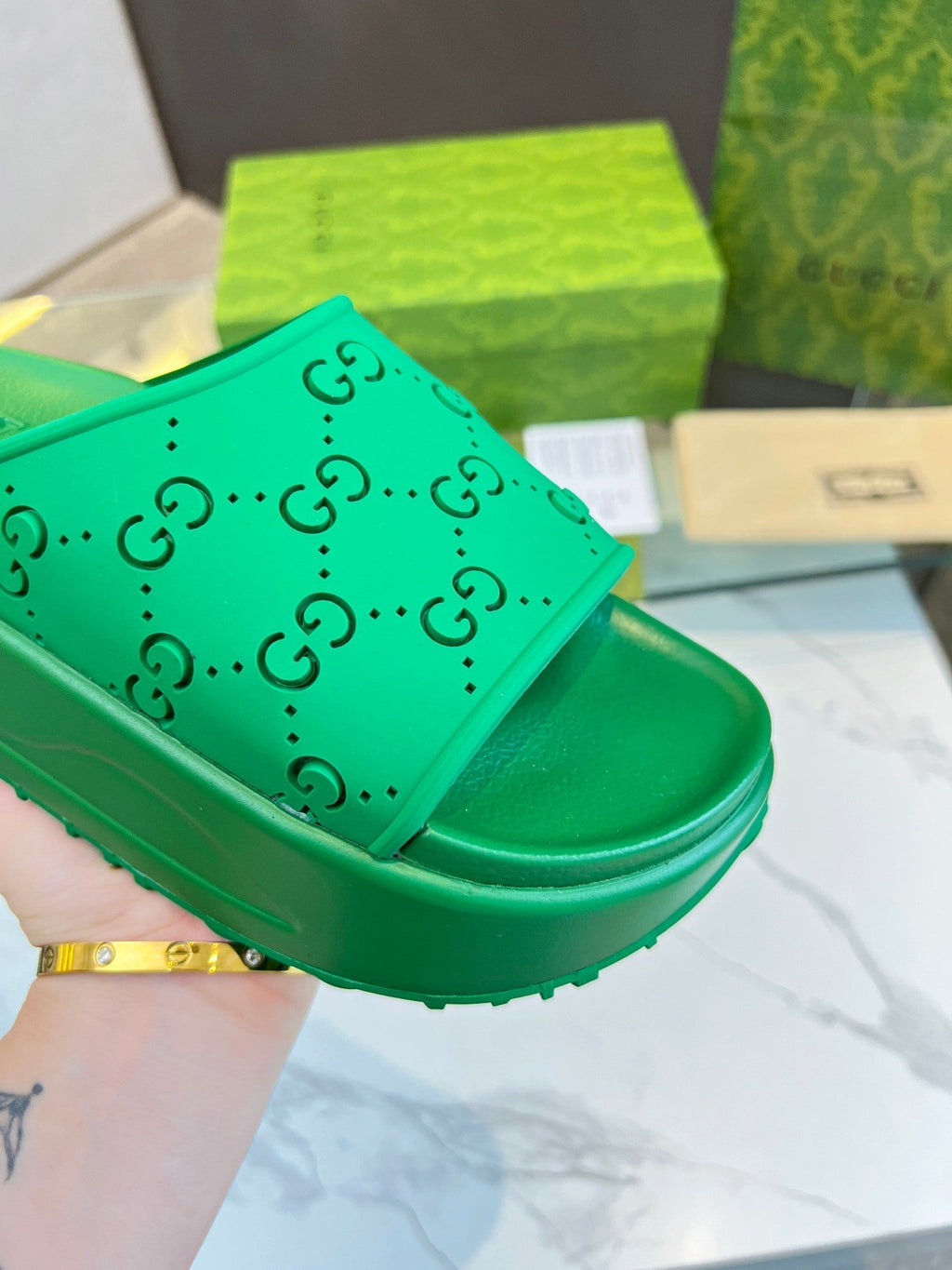 GUCCI PLATFORM SANDALS IN EMERALD GREEN MONOGRAM IMPORTED TPU