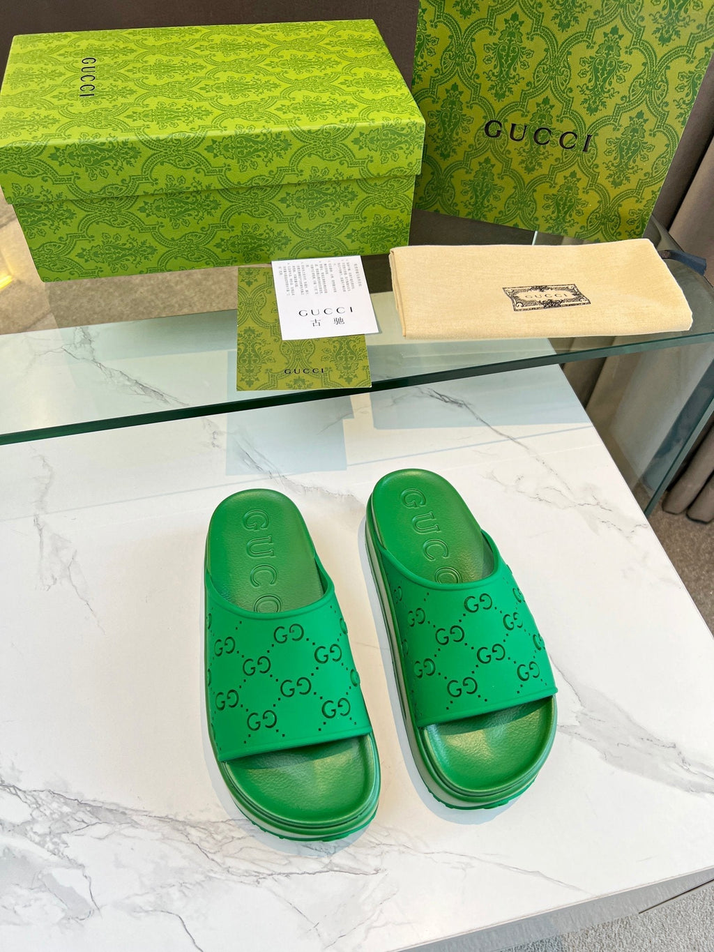 GUCCI PLATFORM SANDALS IN EMERALD GREEN MONOGRAM IMPORTED TPU