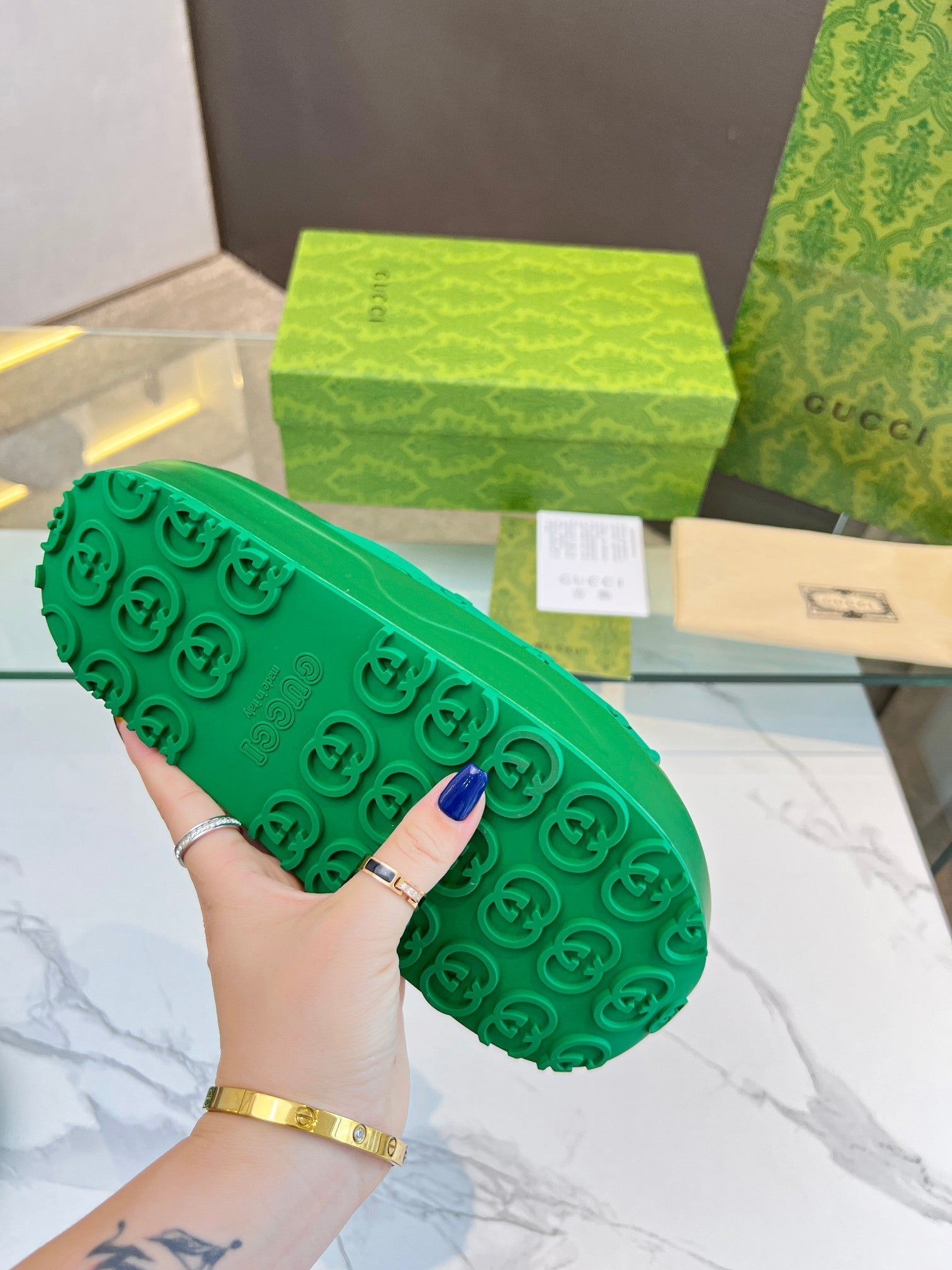 GUCCI PLATFORM SANDALS IN EMERALD GREEN MONOGRAM IMPORTED TPU