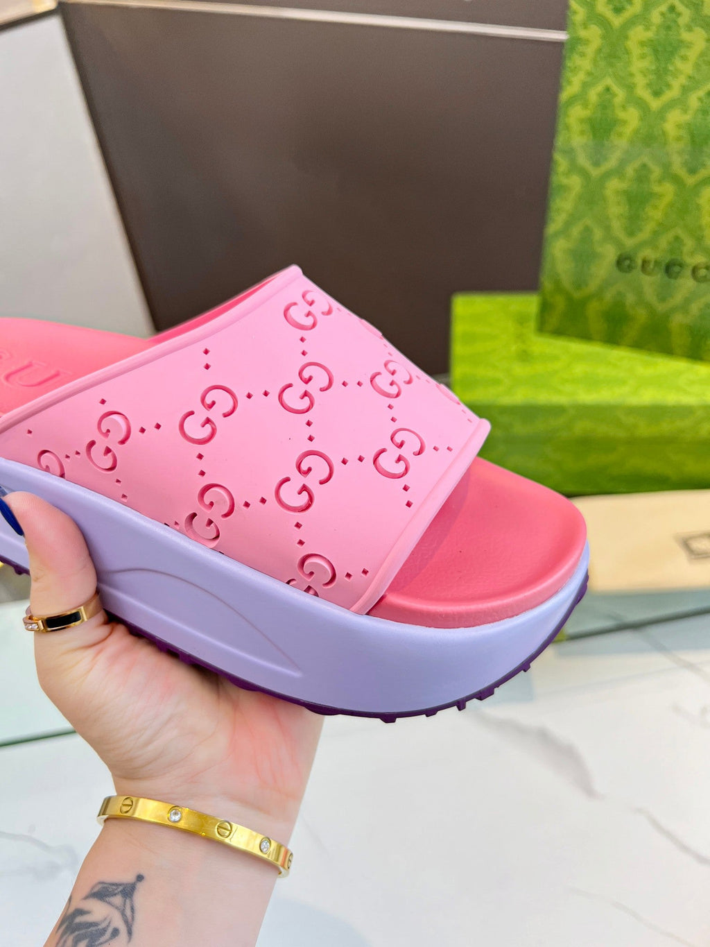 GUCCI PLATFORM SANDALS IN BABY PINK MONOGRAM IMPORTED TPU