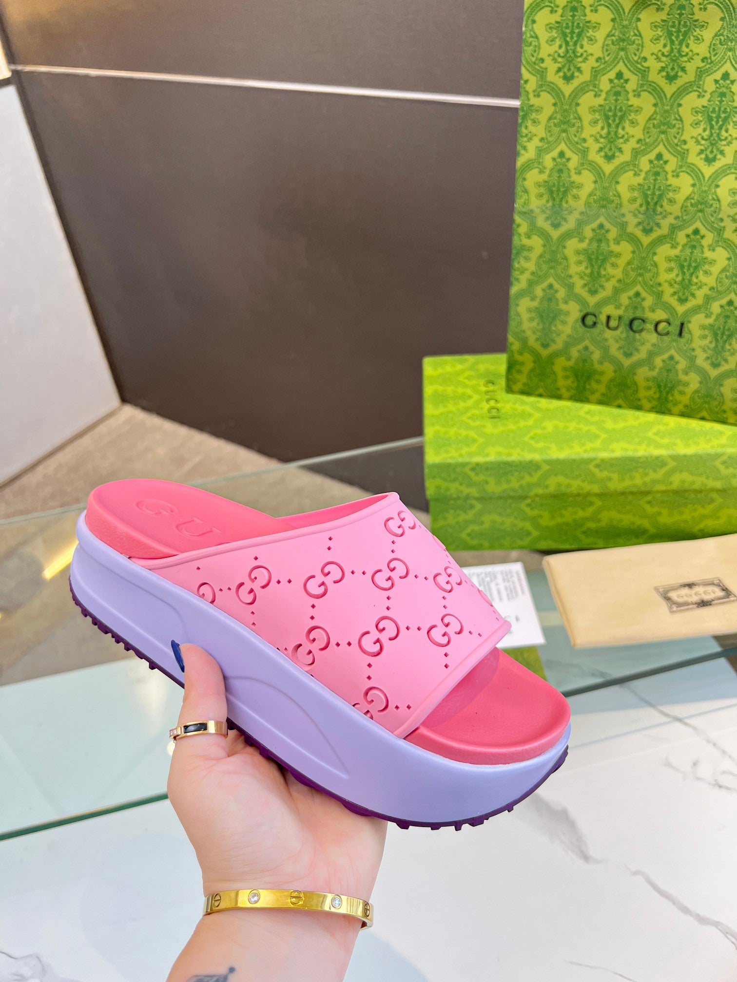 GUCCI PLATFORM SANDALS IN BABY PINK MONOGRAM IMPORTED TPU