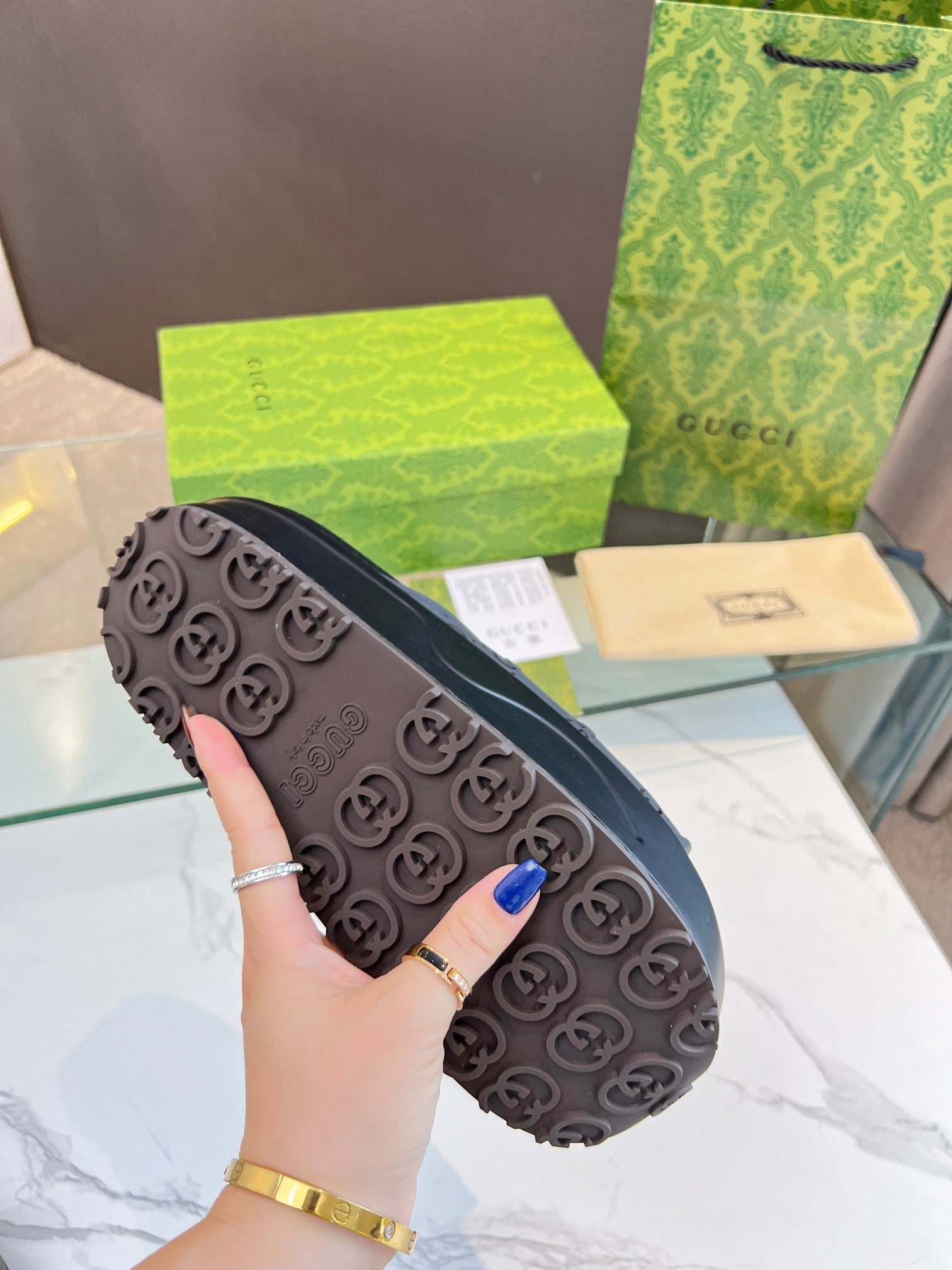 GUCCI PLATFORM SANDALS IN BLACK MONOGRAM IMPORTED TPU
