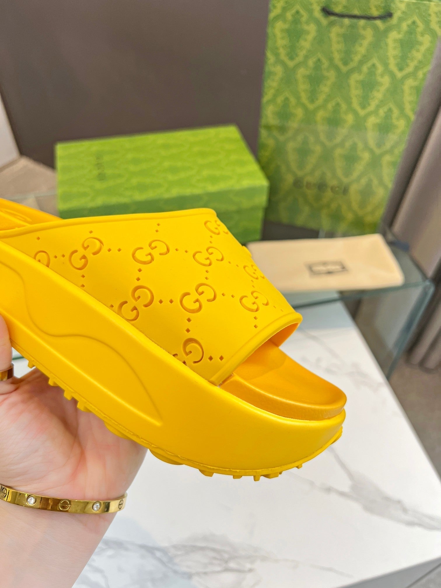 GUCCI PLATFORM SANDALS IN BRIGHT YELLOW MONOGRAM IMPORTED TPU