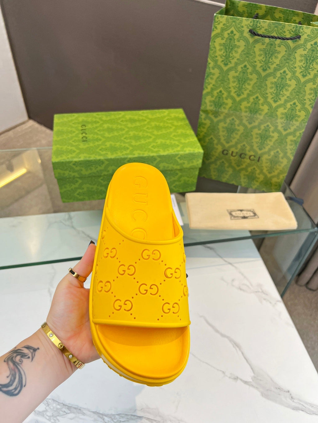 GUCCI PLATFORM SANDALS IN BRIGHT YELLOW MONOGRAM IMPORTED TPU