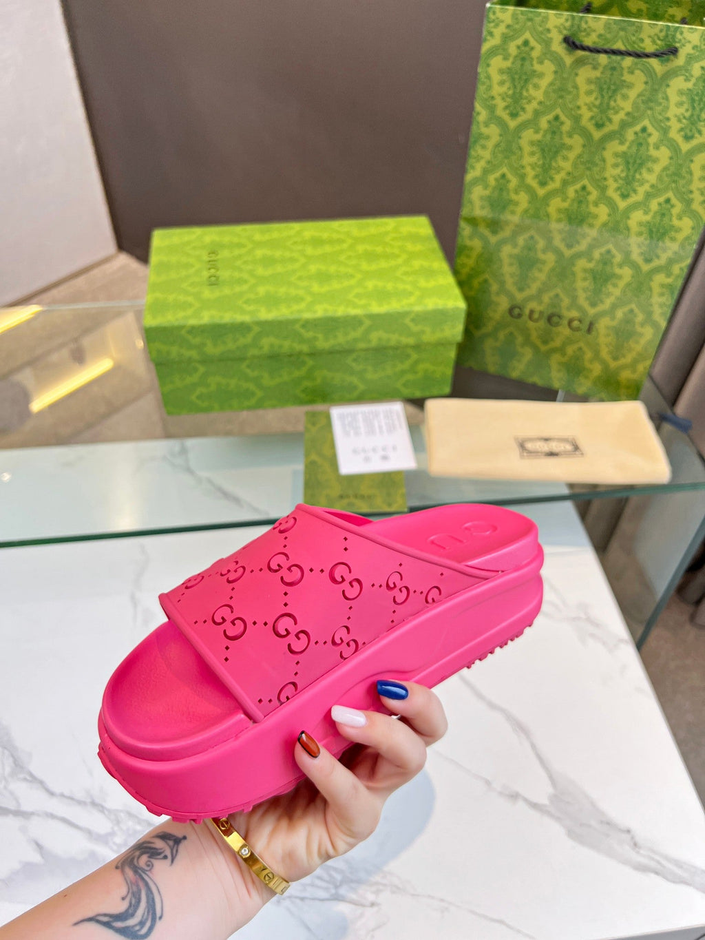 GUCCI PLATFORM SANDALS IN BRIGHT PINK MONOGRAM IMPORTED TPU