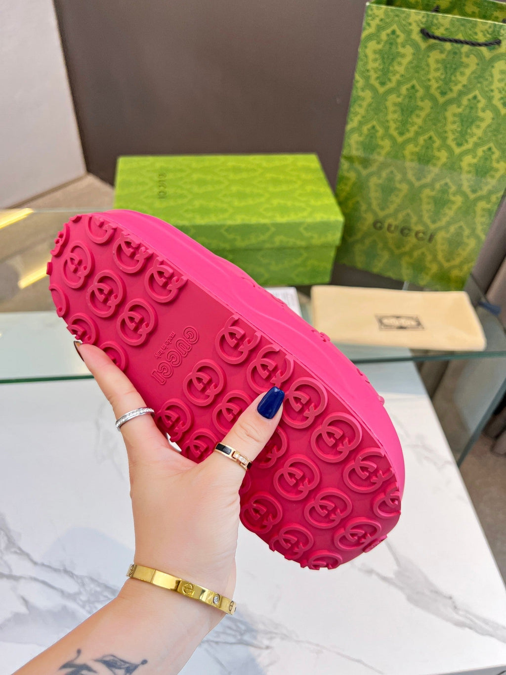 GUCCI PLATFORM SANDALS IN BRIGHT PINK MONOGRAM IMPORTED TPU
