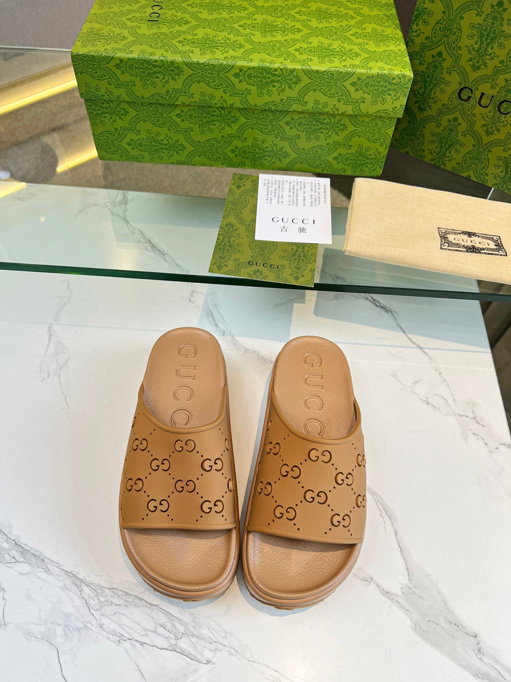 GUCCI PLATFORM SANDALS IN CINNAMON BROWN MONOGRAM IMPORTED TPU