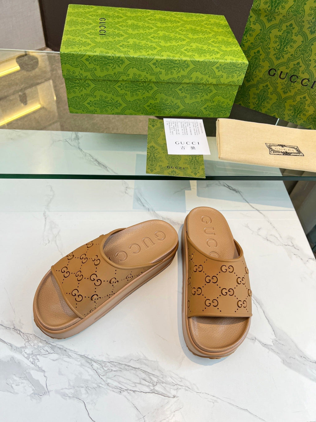 GUCCI PLATFORM SANDALS IN CINNAMON BROWN MONOGRAM IMPORTED TPU