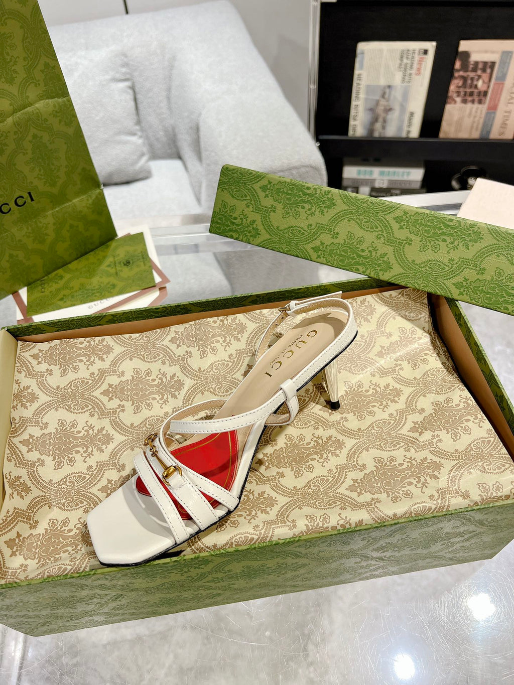 GUCCI CLASSIC STRAPPY HEEL SANDAL WHITE CALFSKIN
