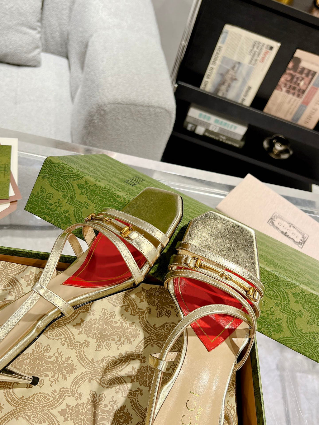 GUCCI CLASSIC STRAPPY HEEL SANDAL METALLIC GOLD CALFSKIN