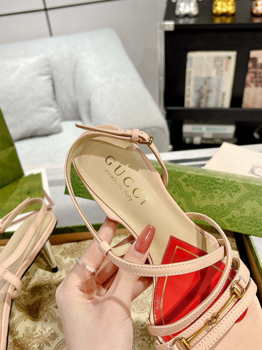 GUCCI CLASSIC STRAPPY HEEL SANDAL PASTEL PINK CALFSKIN