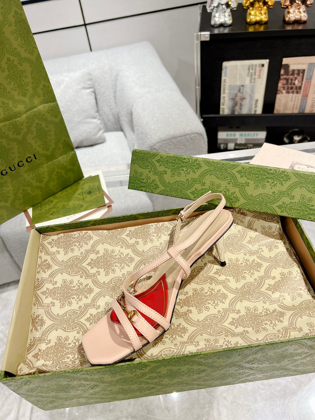 GUCCI HIGH HEEL 65MM IN TAN BEIGE CALFSKIN WITH RED HEART