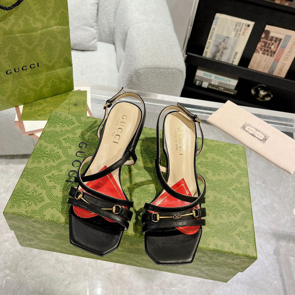 GUCCI CLASSIC STRAPPY HEEL SANDAL BLACK CALFSKIN