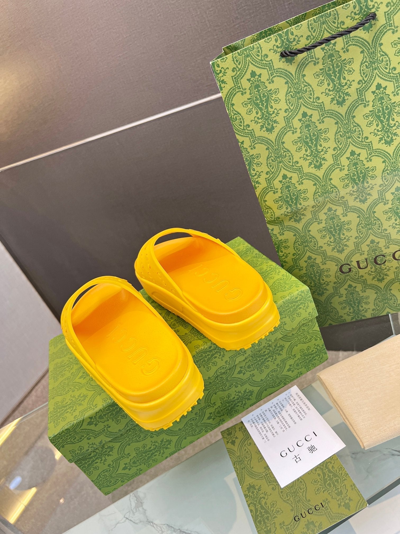GUCCI PLATFORM SANDALS IN BRIGHT YELLOW MONOGRAM IMPORTED TPU