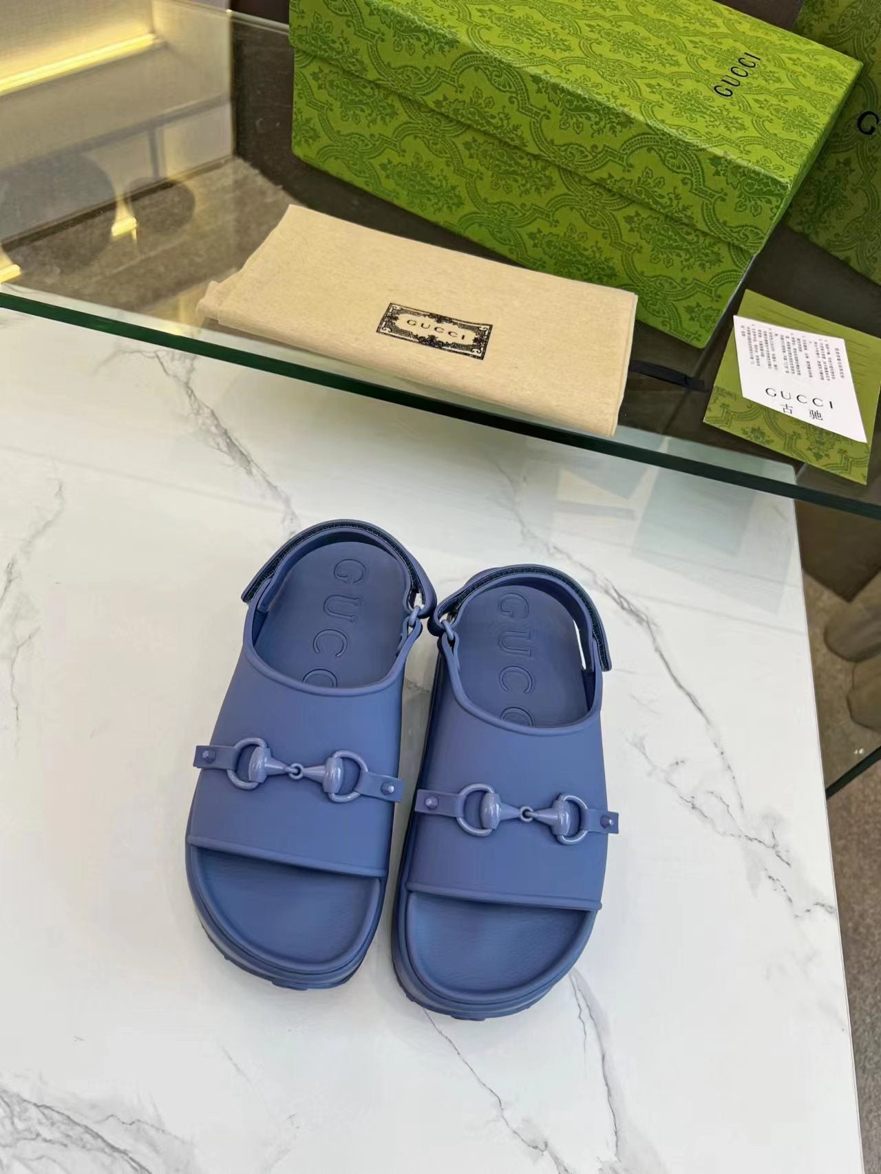 GUCCI HORSEBIT FLATFORM SANDAL 5 CM IN AEGEAN BLUE IMPORTED TPU