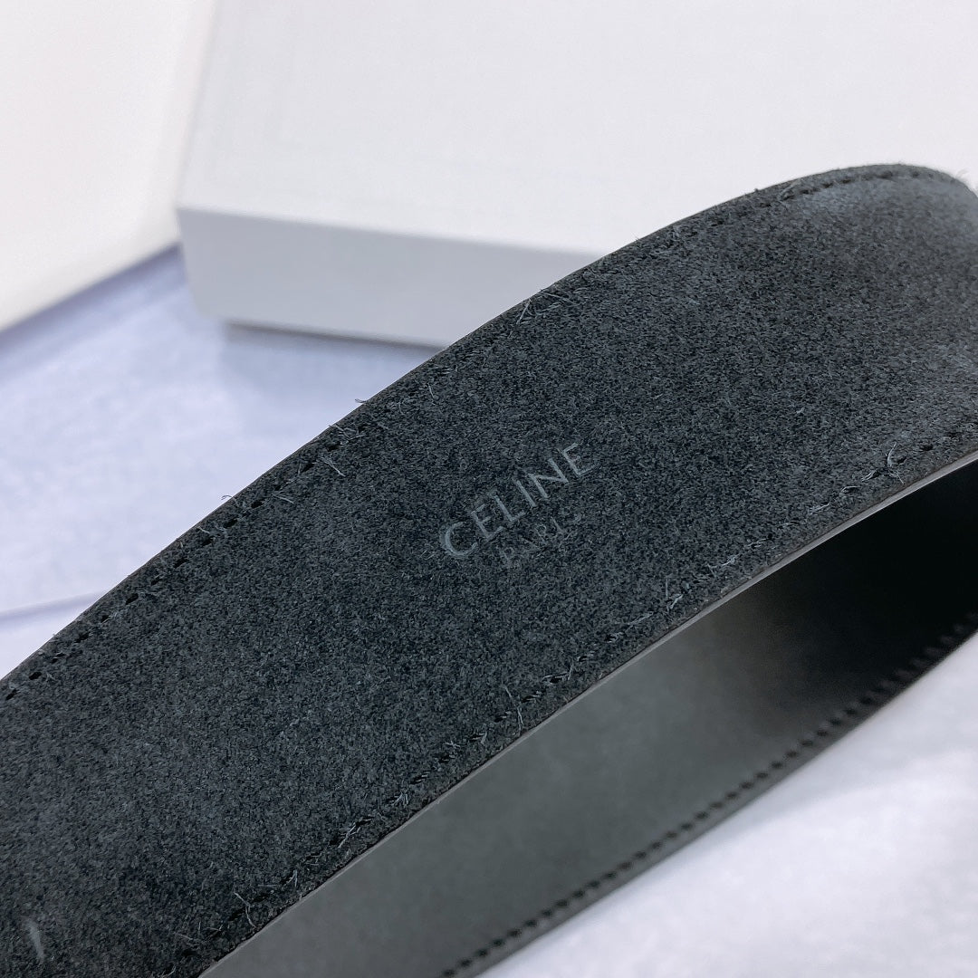 CELINE CL LARGE 35MM TWIN TRIOMPHE BELT IN BLACK CALFSKIN SILVER HARDWARE