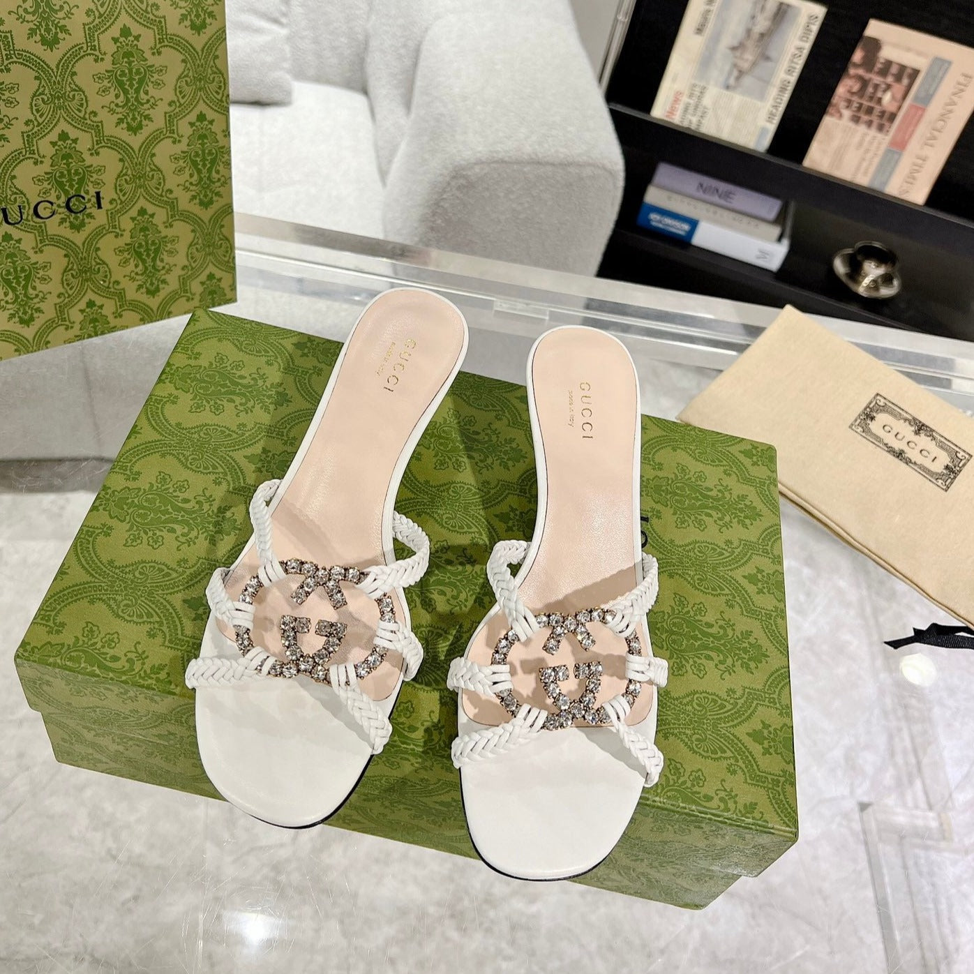 GUCCI CRYSTAL MID - HEEL WHITE CALFSKIN