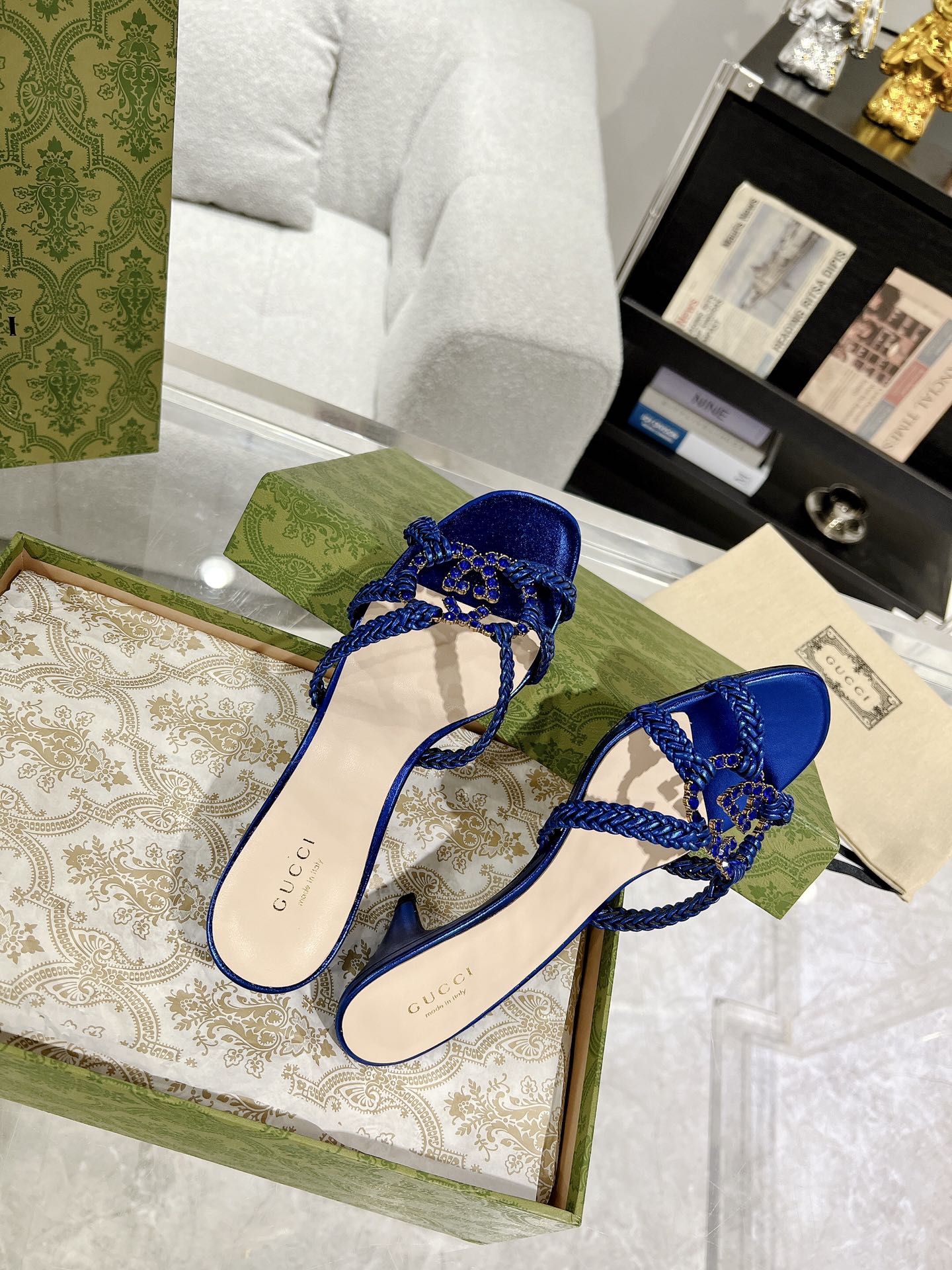 GUCCI CRYSTAL MID - HEEL AZURE CALFSKIN