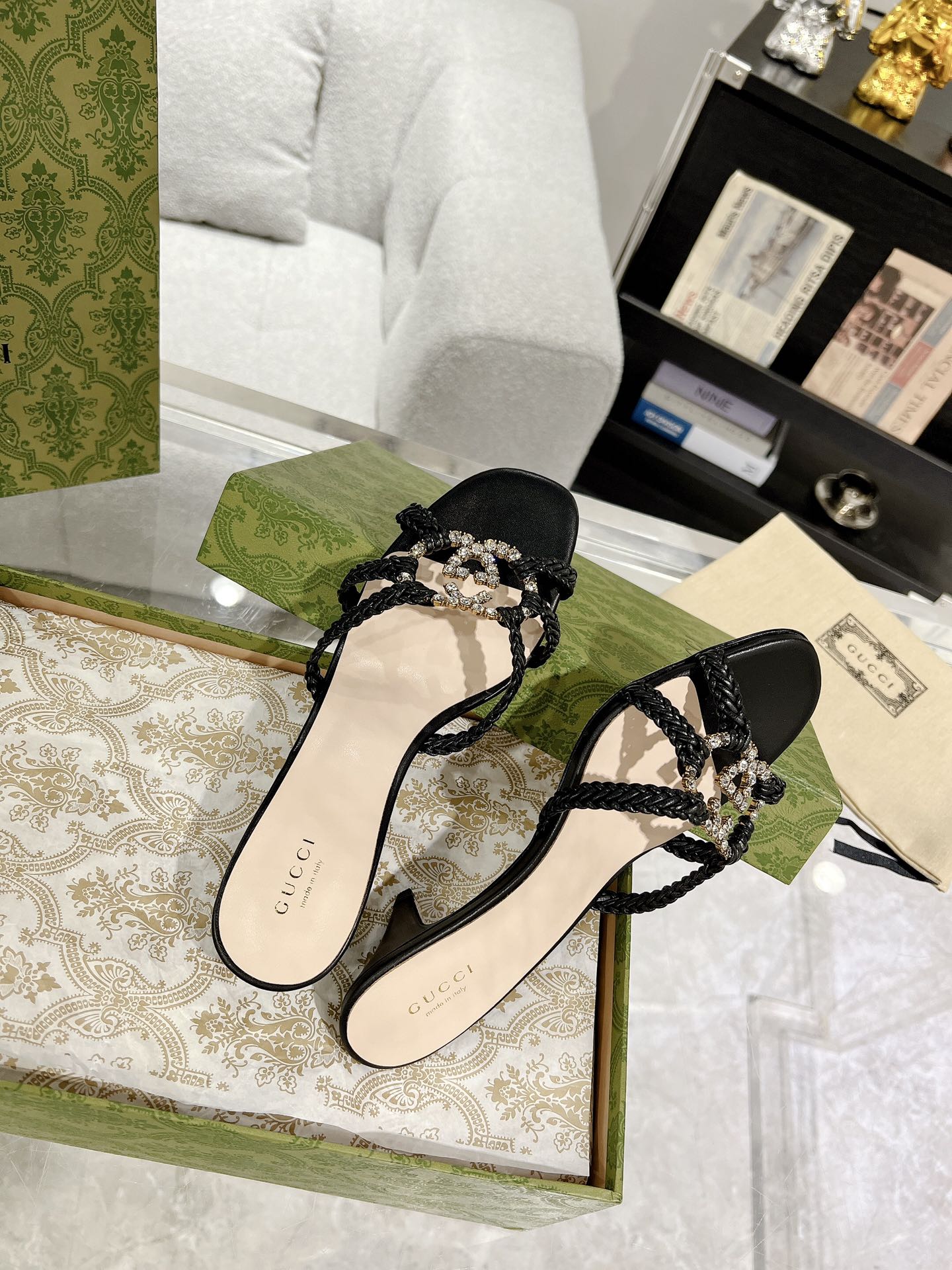 GUCCI CRYSTAL MID - HEEL BLACK CALFSKIN