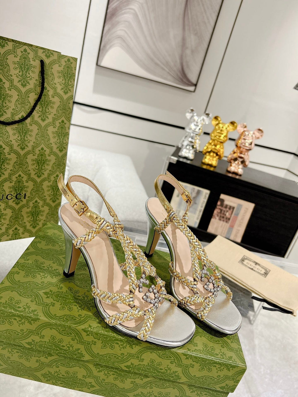 GUCCI CRYSTAL HIGH HEEL SANDAL SLIVER CALFSKIN SPECIAL