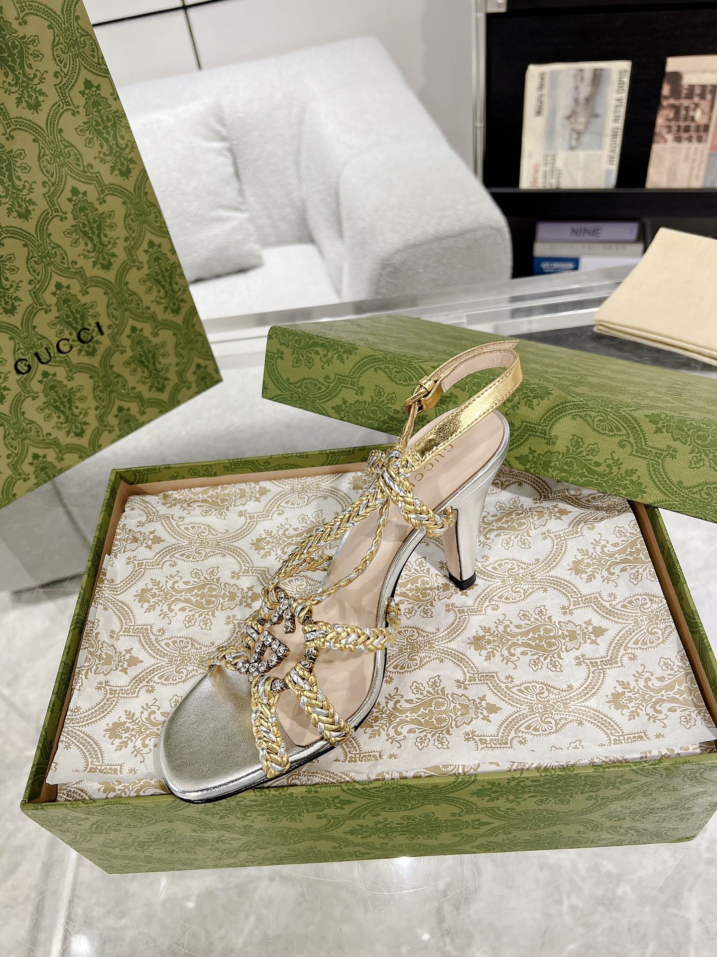 GUCCI CRYSTAL HIGH HEEL SANDAL SLIVER CALFSKIN SPECIAL