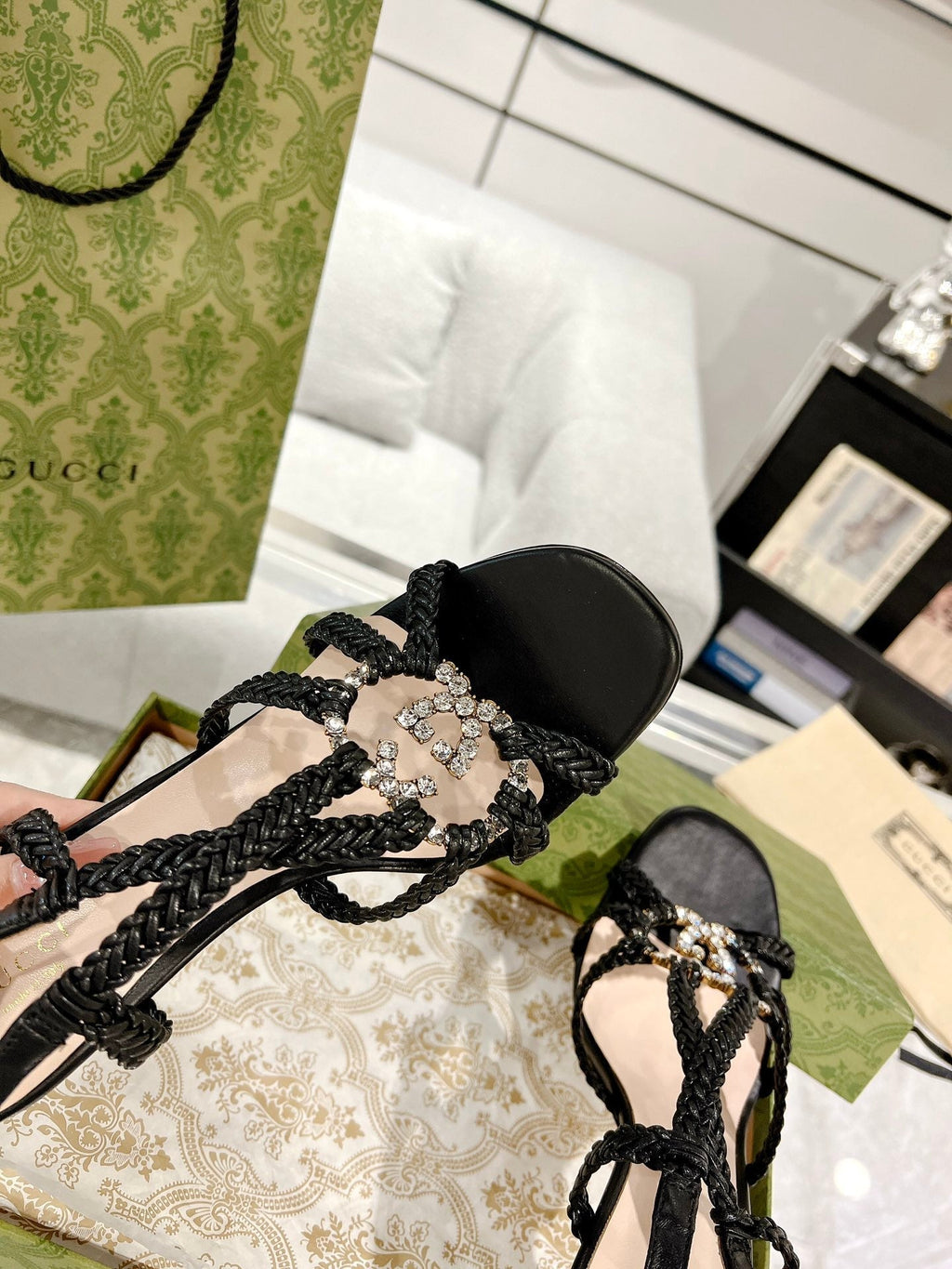 GUCCI CRYSTAL HIGH HEEL SANDAL BLACK CALFSKIN SPECIAL