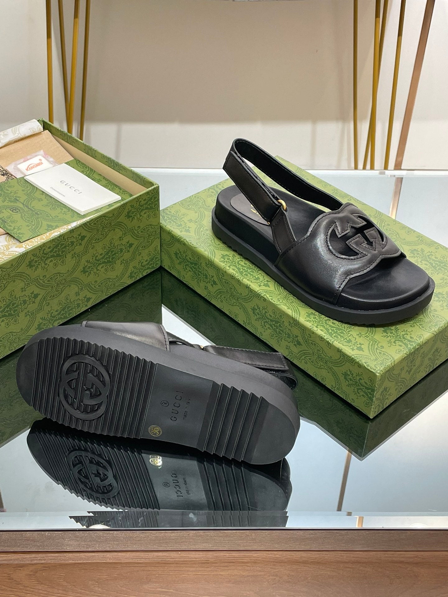 GUCCI INTERLOCKING G CUT OUT SANDAL BLACK LAMBSKIN