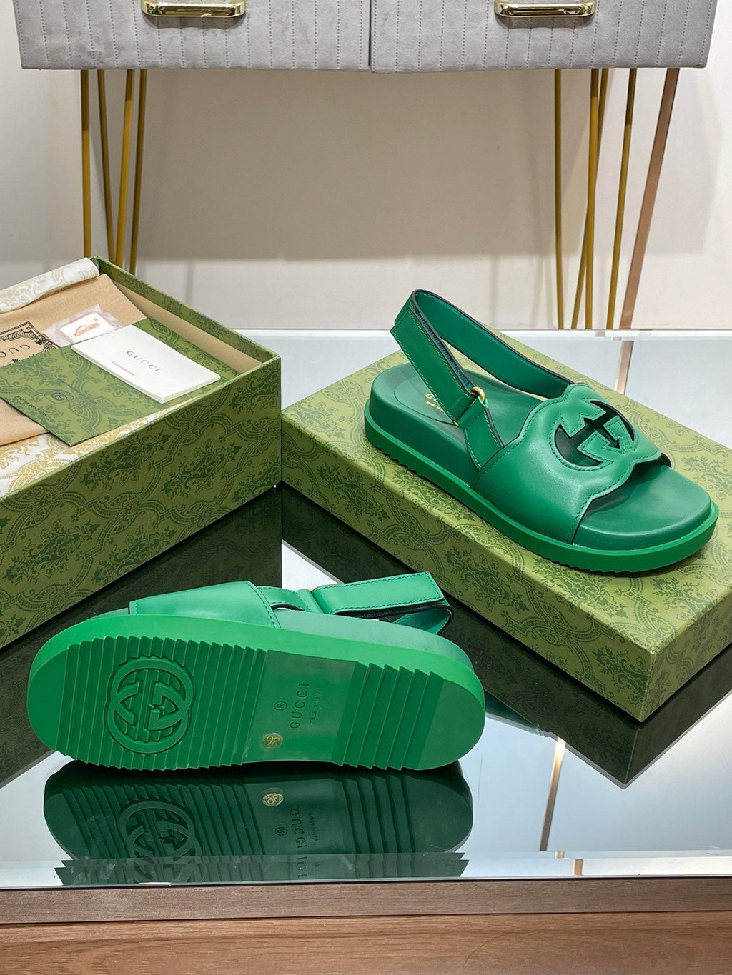 GUCCI INTERLOCKING G CUT OUT SANDAL JADE GREEN LAMBSKIN