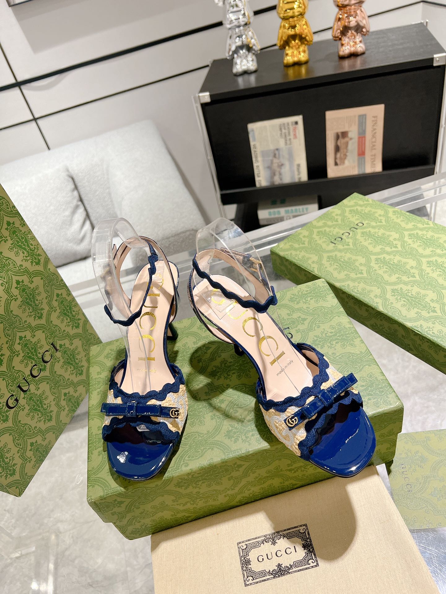 GUCCI HIGH - HEEL SANDAL AZURE FABRIC ATTACH BOW