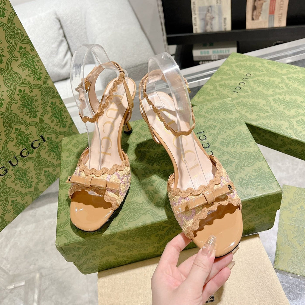 GUCCI HIGH - HEEL SANDAL TAWNY FABRIC ATTACH BOW