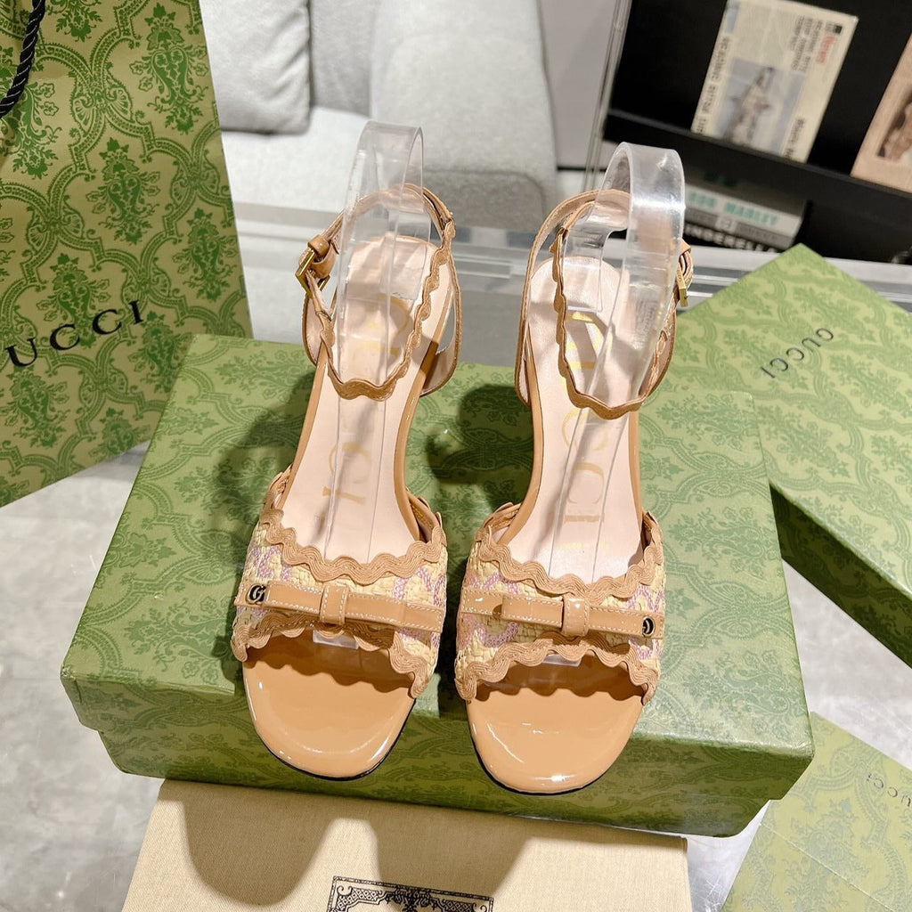 GUCCI HIGH - HEEL SANDAL TAWNY FABRIC ATTACH BOW