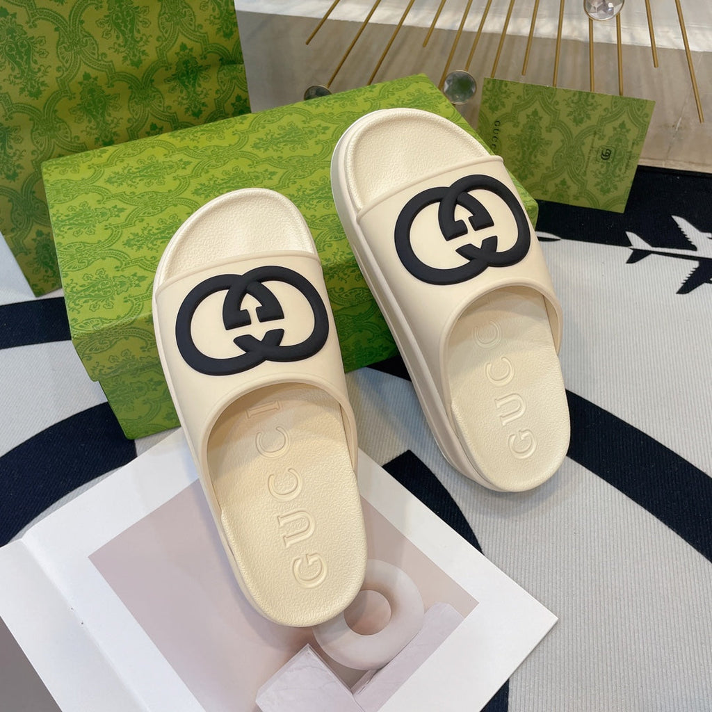 GUCCI INTERLOCKING G SLIDE SANDAL IN WHITE CREAM IMPORTED TPU