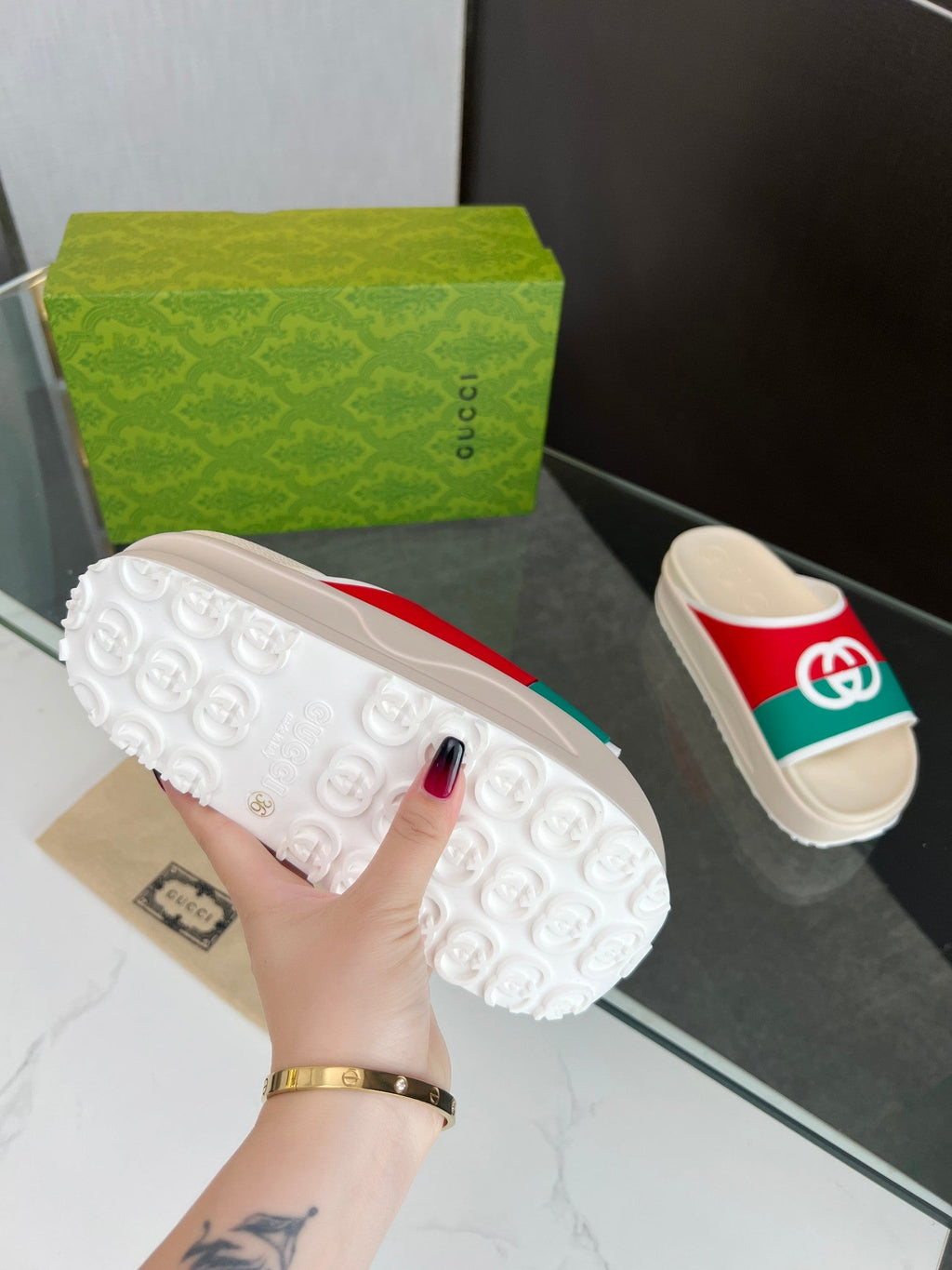 GUCCI INTERLOCKING G SLIDE SANDAL IN WHITE MIX COLORFUL IMPORTED TPU