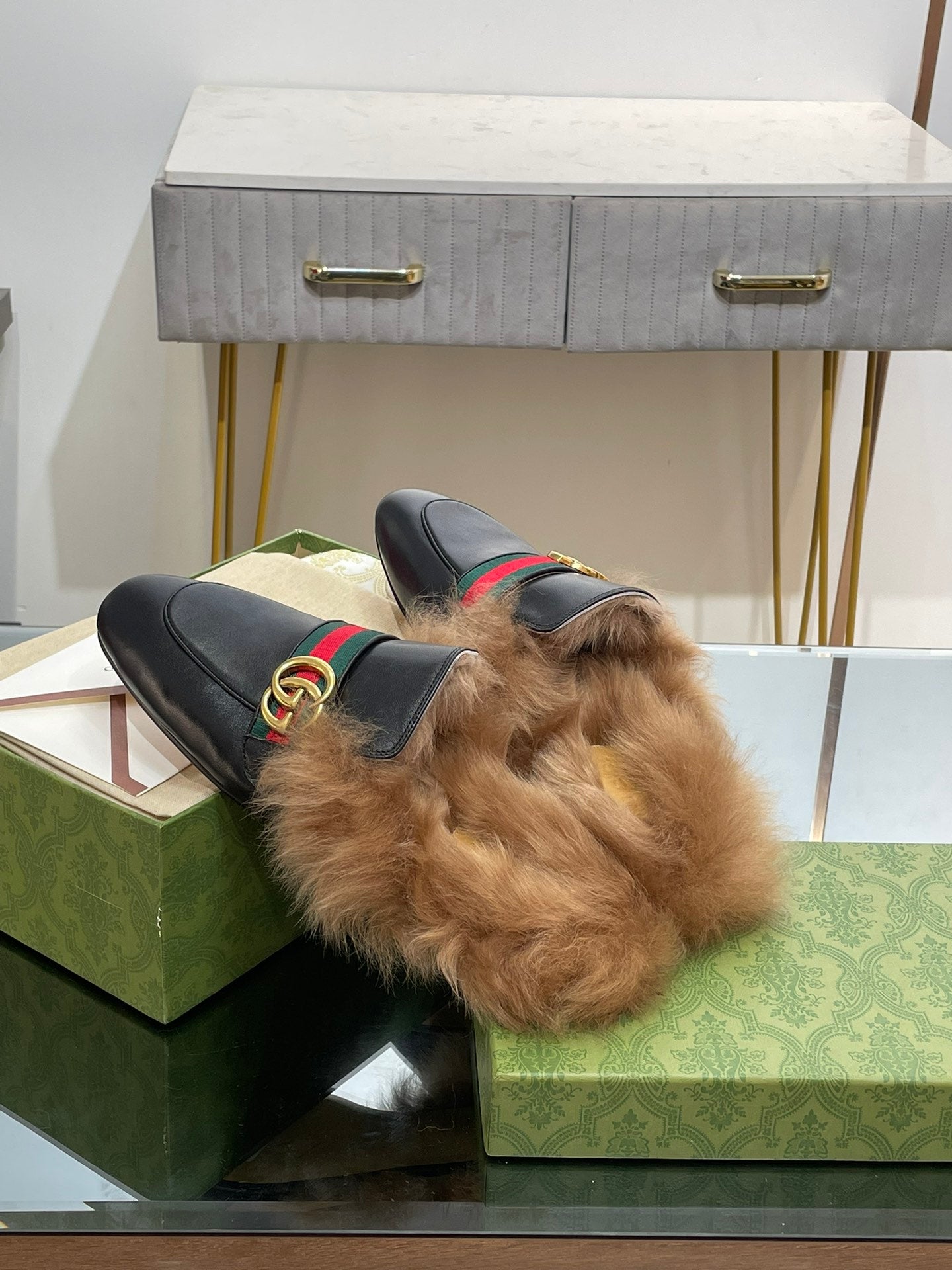 GUCCI 2015 RE-EDITION MEN'S PRINCETOWN IN BLACK CALFSKIN AND LAMB WOOL LINING