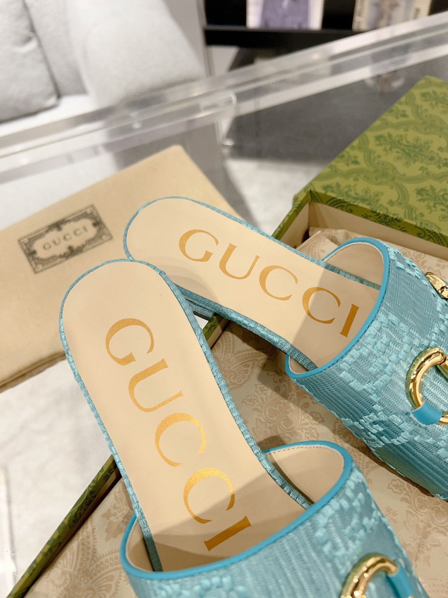 GUCCI CHUNKY SLIDE SANDAL BLUE SKY CALFSKIN