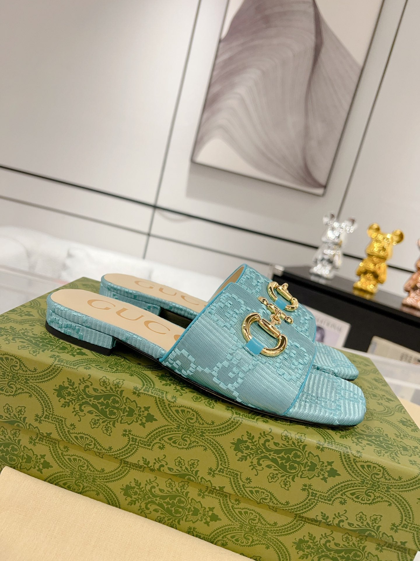 GUCCI CHUNKY SLIDE SANDAL BLUE SKY CALFSKIN