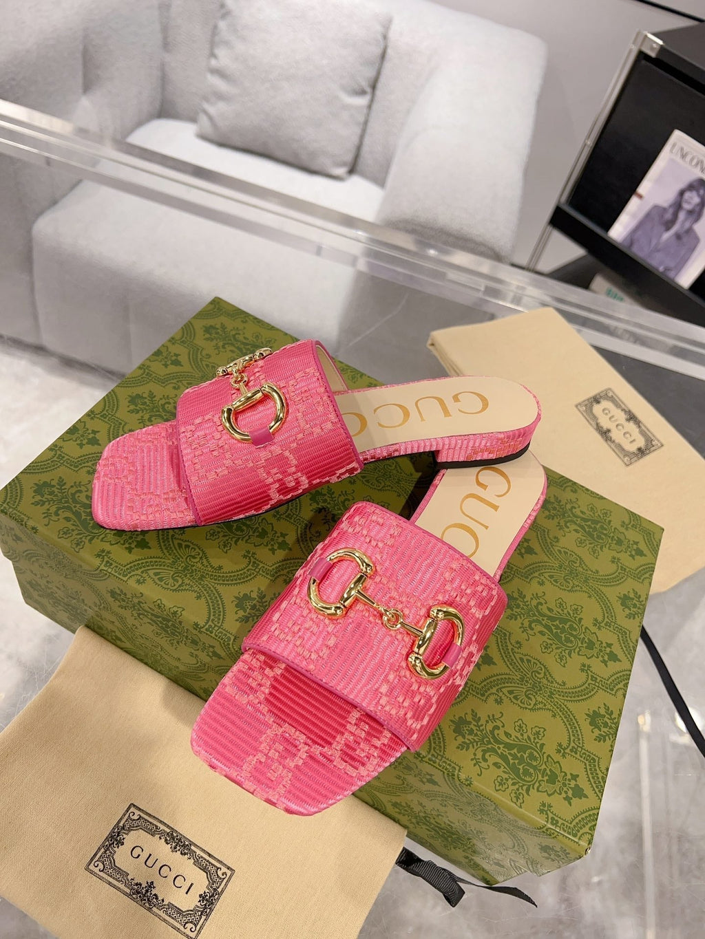 GUCCI CHUNKY SLIDE SANDAL BRIGHT PINK CALFSKIN