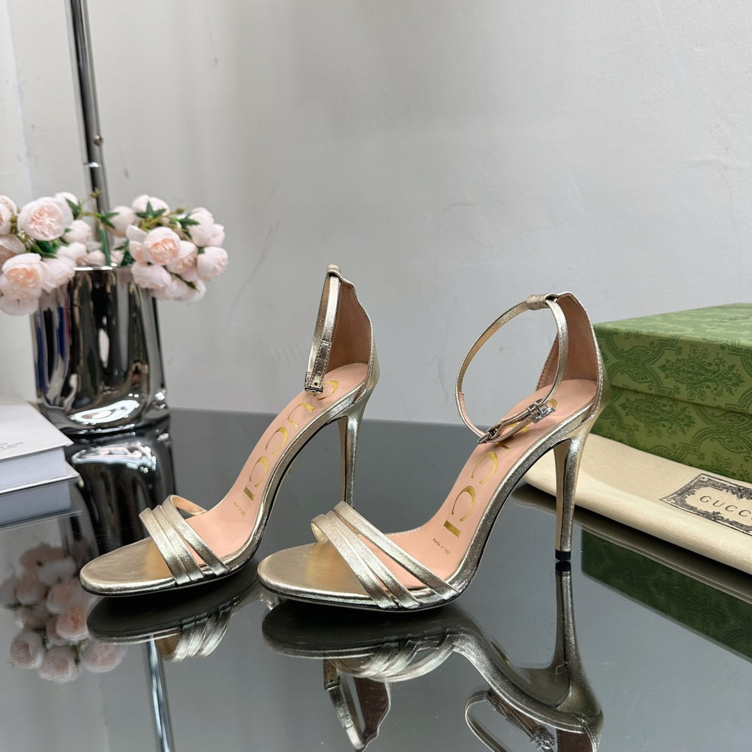 GUCCI 105 HIGH HEEL SANDAL METALLIC GOLD LAMBSKIN