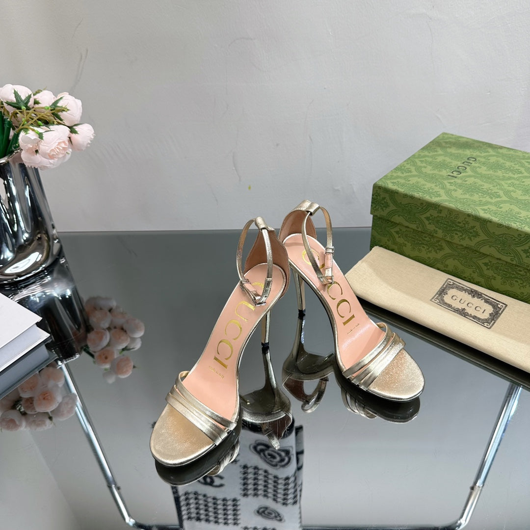 GUCCI 105 HIGH HEEL SANDAL METALLIC GOLD LAMBSKIN
