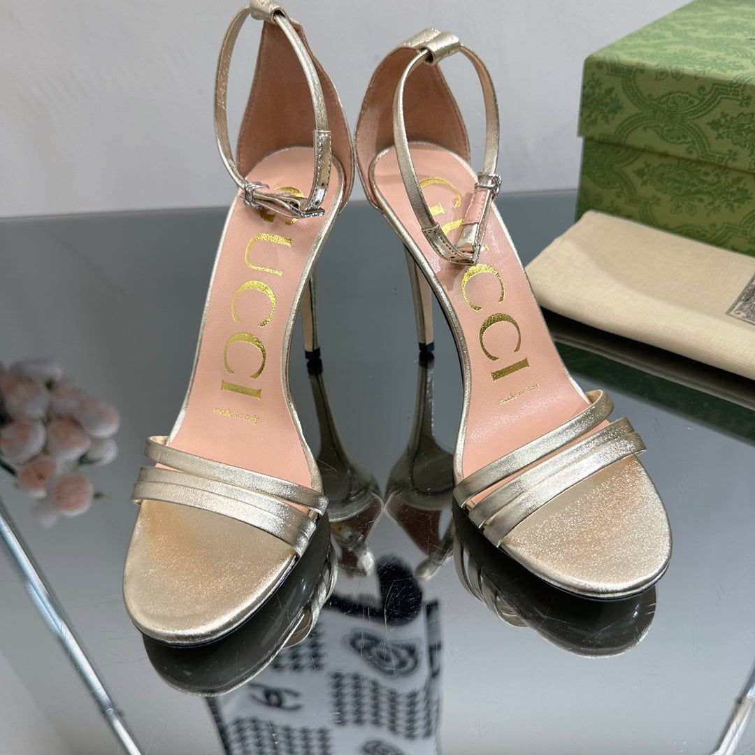 GUCCI 105 HIGH HEEL SANDAL METALLIC GOLD LAMBSKIN