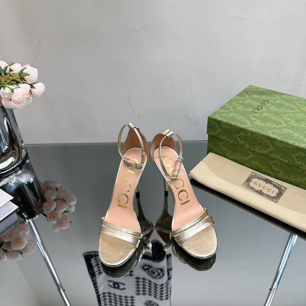 GUCCI 105 HIGH HEEL SANDAL METALLIC GOLD LAMBSKIN